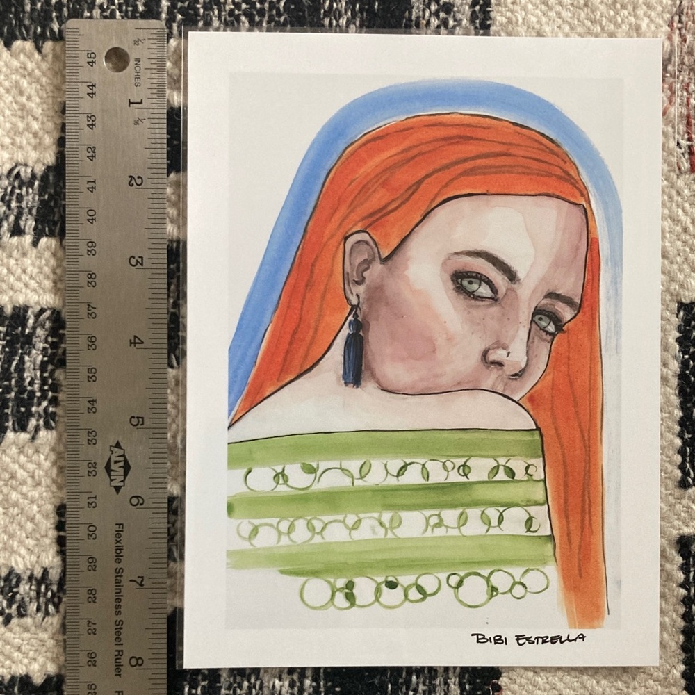 Vibrant Portrait Art Print with Orange and Green Accents